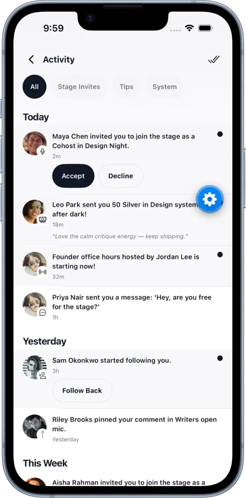 Activity: follows, invites, presence