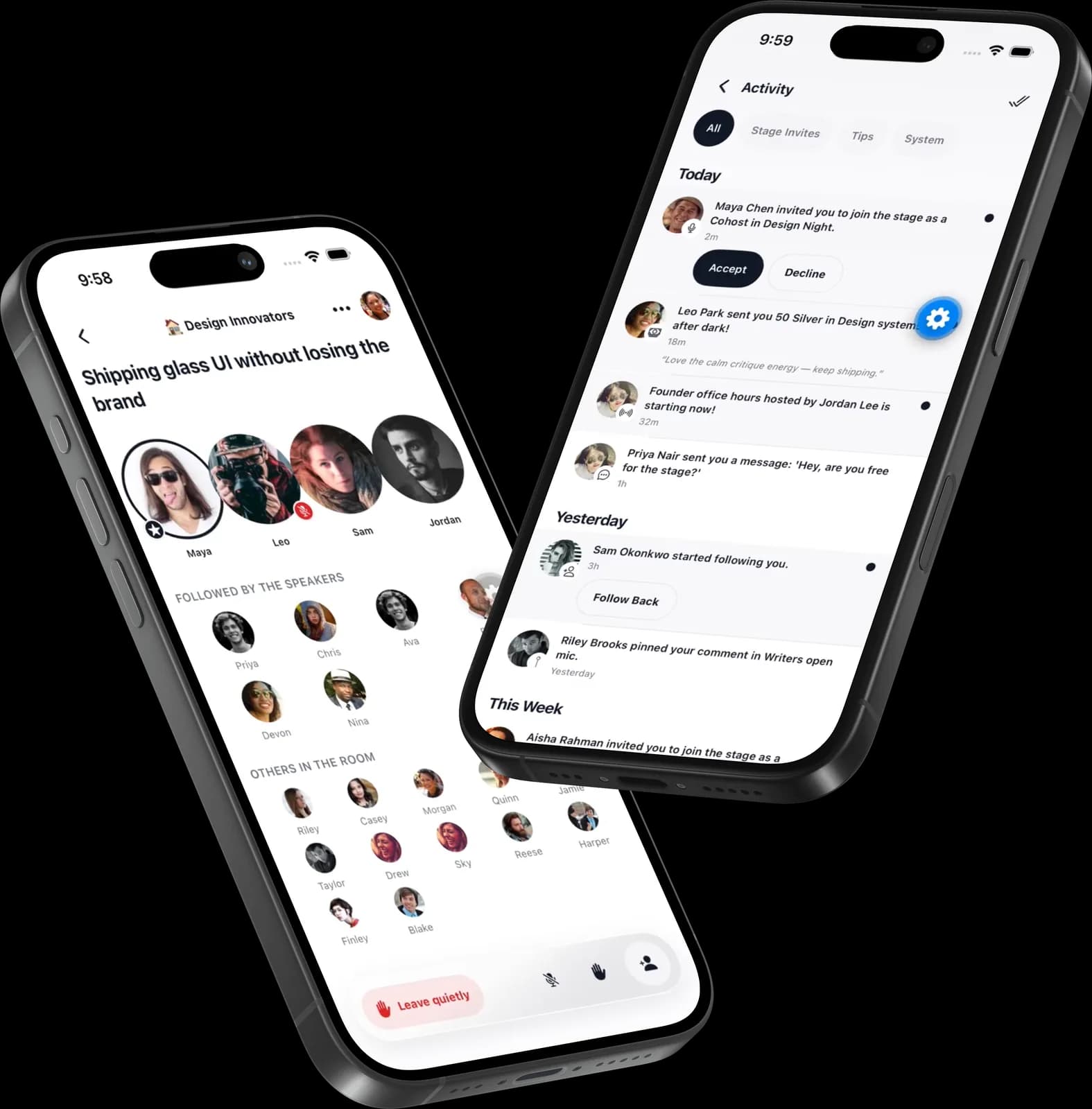 OnStage live show and activity screens on two phones